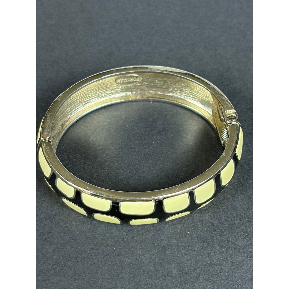Fornash Vintage Enamel Hinged Bangle Bracelet Gold Tone Cream Black Geometric